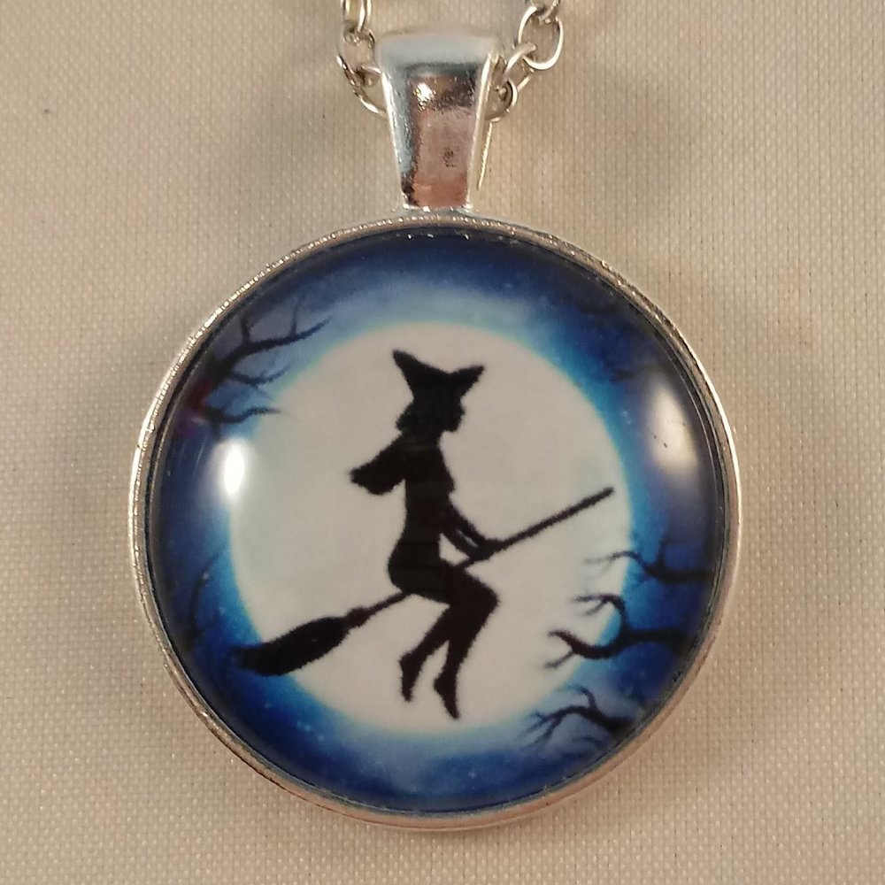 Silver Witch on Broom Moon Cabochon Pendant Necklace 20" Party Gift